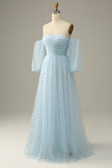 Sky Blue Off The Shoulder Prom Dress Long