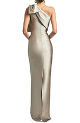 Noble and elegant off shoulder bow and ground length evening dress