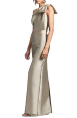 Noble and elegant off shoulder bow and ground length evening dress