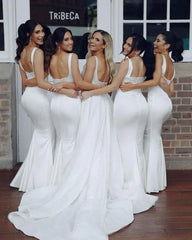 Satin Mermaid Backless Square Neck Floor Length Bridesmaid Dresses