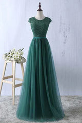 Green Prom Dresses Scoop Tulle & Lace With Sash A Line Sweep Train Floor Length Elegant