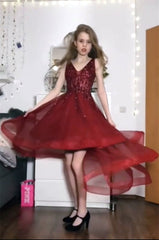Sequin Beaded V-neck Tulle Prom Dresses Front Short Long Back