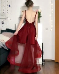 Sequin Beaded V-neck Tulle Prom Dresses Front Short Long Back