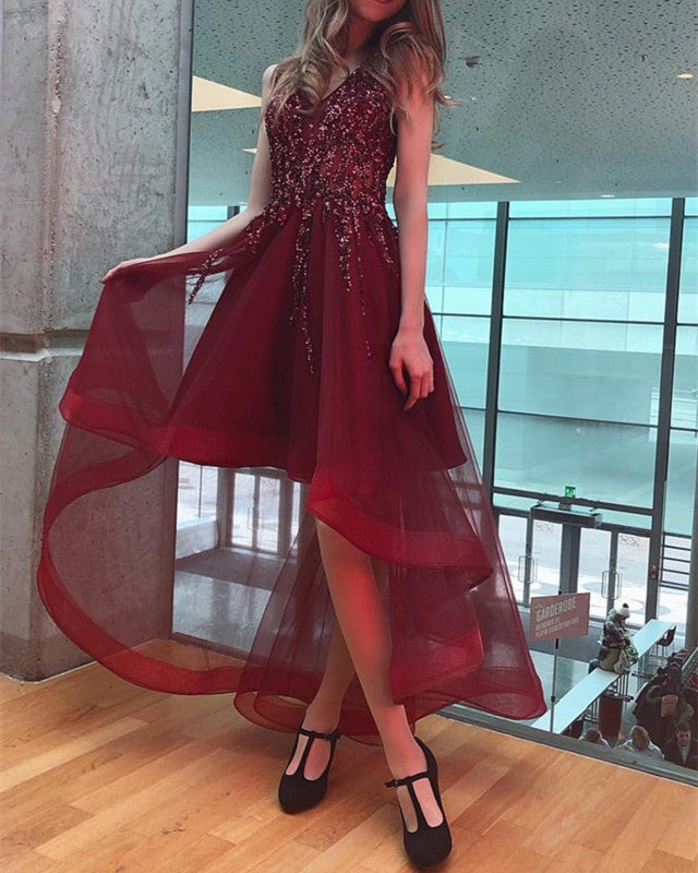 Sequin Beaded V-neck Tulle Prom Dresses Front Short Long Back