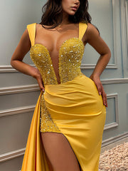 Sheath/Column Sweetheart Floor-Length Long Prom Dresses With Split Side Sparkly