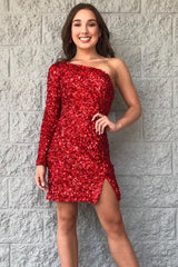 2024 One Shoulder Burgundy Sequin Prom Dresses Short Homecoming Dress