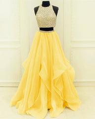 Sequins Beaded Organza Layered Two Piece Ballgowns Prom Dress