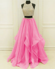 Sequins Beaded Organza Layered Two Piece Ballgowns Prom Dress