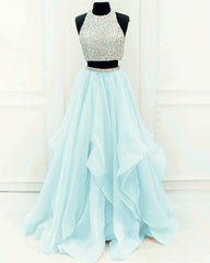 Sequins Beaded Organza Layered Two Piece Ballgowns Prom Dress