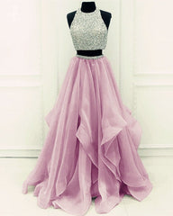 Sequins Beaded Organza Layered Two Piece Ballgowns Prom Dress