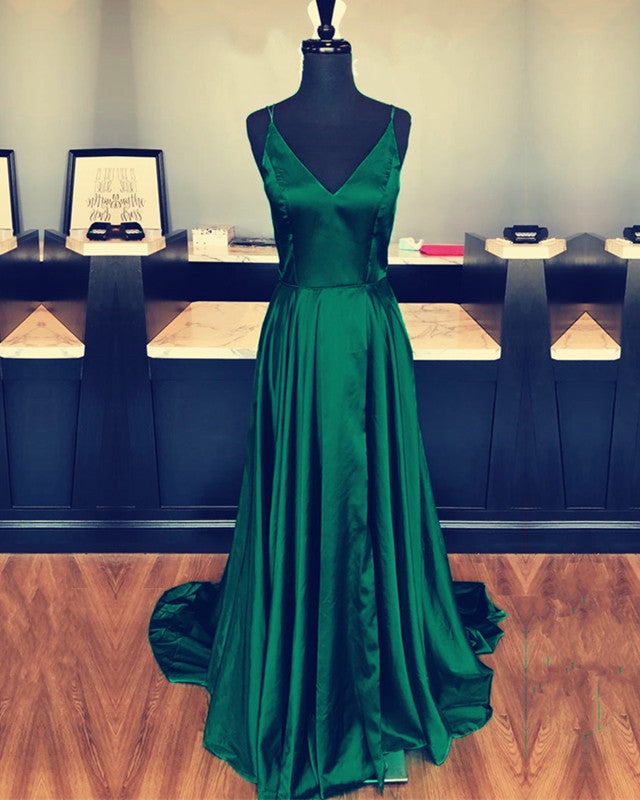 Multi-straps V-neck Long Satin Prom Dresses With Slit