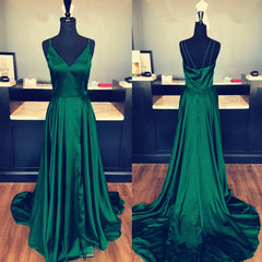 Multi-straps V-neck Long Satin Prom Dresses With Slit