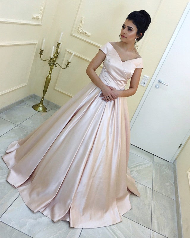 Sexy V-neck Long Satin Ball Gowns Prom Dresses Floor Length Evening Gowns