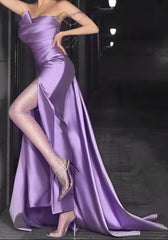 Sexy Lilac Strapless Pleated Prom Evening Dresses With Slit,AST1715