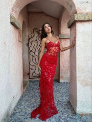 Sexy Red Lace Mermaid Long Prom Dress with Appliques, AST893
