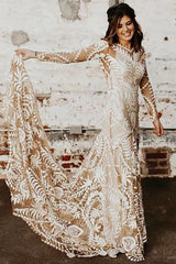 Sheath Long Sleeve Beach Lace Bridal Dress Boho Summer Wedding Dress