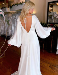 Aimishang Wedding Dress Sheath V-Neck Stretch Satin Boho With Split