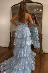 Wholesale Shiny Light Blue A-Line Halter Backless Long Tulle Prom Dress With Split prom dresses shops