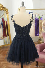 Short Navy Blue Homecoming Dresses Lace Wedding Guest Dress