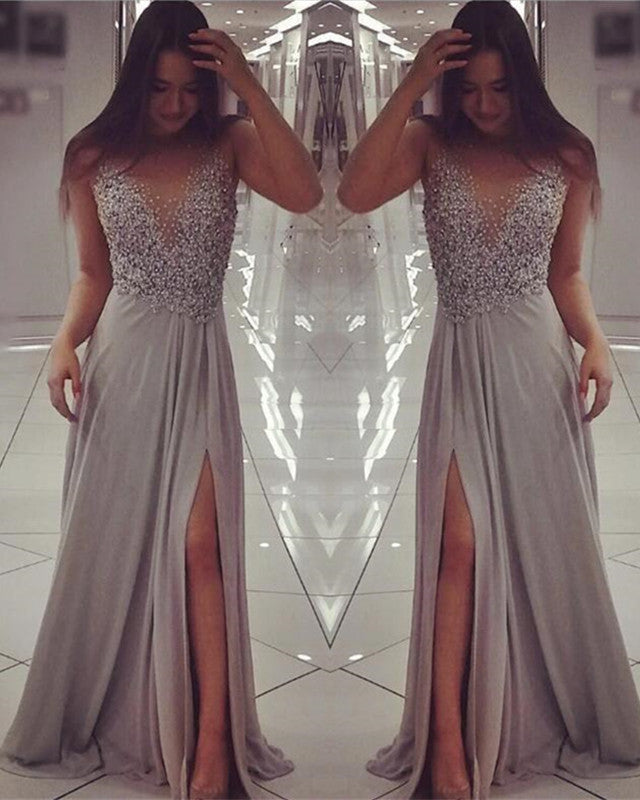 Long Chiffon Slit Prom Evening Dresses Pearl Beaded