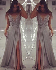 Long Chiffon Slit Prom Evening Dresses Pearl Beaded