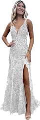 Women's Sparkly Sequin Mermaid Prom Dresses for Teens V Neck Long Formal Evening Party Dresses with Slit Wholesale