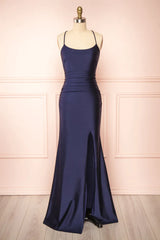 Simple Navy Blue Mermaid Prom Dress Long Satin Evening Gown, AST917