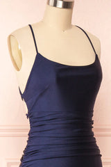 Simple Navy Blue Mermaid Prom Dress Long Satin Evening Gown, AST917