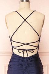 Simple Navy Blue Mermaid Prom Dress Long Satin Evening Gown, AST917