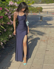 Simple Navy Blue Mermaid Prom Dress Long Satin Evening Gown, AST917