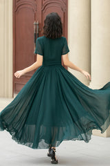Simple Chiffon Short Sleeves A-line V Neck Bridesmaid Dress With Ankle Length