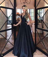 Simple V Neck Black Satin Prom Dress, Black Formal Dress, V Neck Evening Dress