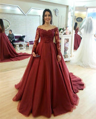 Skin Color Neckline Long Burgundy Prom Dresses Ball Gowns Lace Long Sleeves