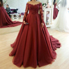 Skin Color Neckline Long Burgundy Prom Dresses Ball Gowns Lace Long Sleeves