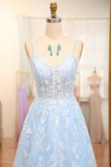 A-Line Spaghetti Straps Tulle Long Prom Dress With Appliques Sky Blue
