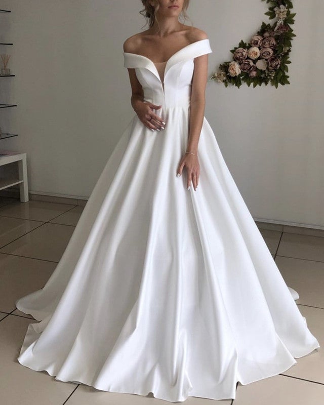Sleeveless Wedding Dress A Line Satin Off Shoulder