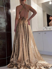 A-Line/Princess Halter Floor-Length Prom Dresses Sparkly