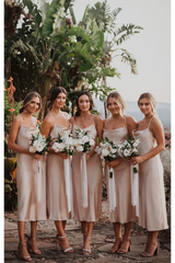 Spaghetti Strap Backless Sheath Tea Length Sleeveless Sexy Bridesmaid Dresses