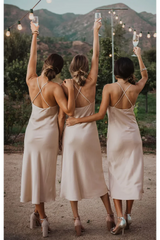 Spaghetti Strap Backless Sheath Tea Length Sleeveless Sexy Bridesmaid Dresses