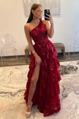 Aimishang Elegant Prom Dress Sparkly A-Line One Shoulder Long Tiered With Slit