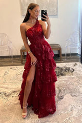 Aimishang Elegant Prom Dress Sparkly A-Line One Shoulder Long Tiered With Slit