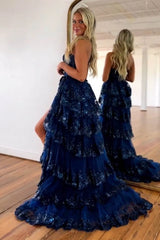 Wholesale Sparkly One Shoulder A-Line Sweep Train Tiered Prom Dress with Split prom dresses with long sleeves