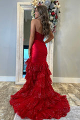 Mermaid Sweetheart Dark Red Satin Tiered Prom Dresses