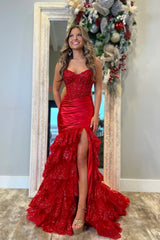 Mermaid Sweetheart Dark Red Satin Tiered Prom Dresses