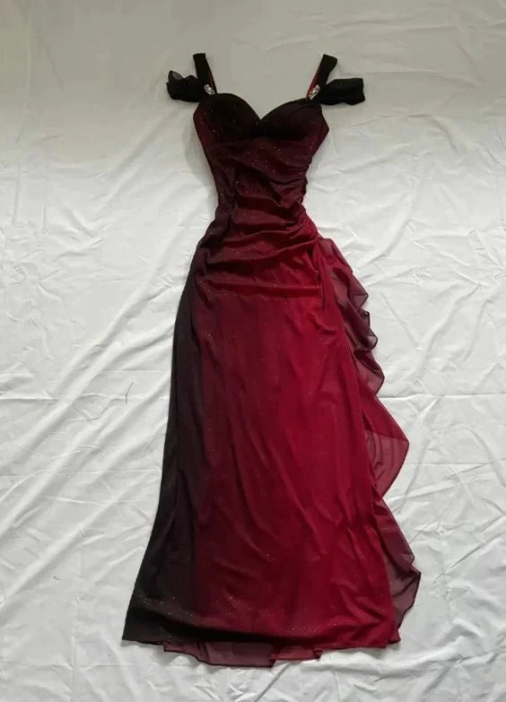 Special Burgundy Black Chiffon Long Prom Dress, AST880