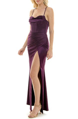 Noble thin shoulder strap open shoulder side slit satin open back strap evening dress