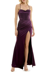 Noble thin shoulder strap open shoulder side slit satin open back strap evening dress