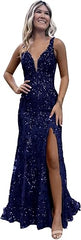 Women's Sparkly Sequin Mermaid Prom Dresses for Teens V Neck Long Formal Evening Party Dresses with Slit Wholesale