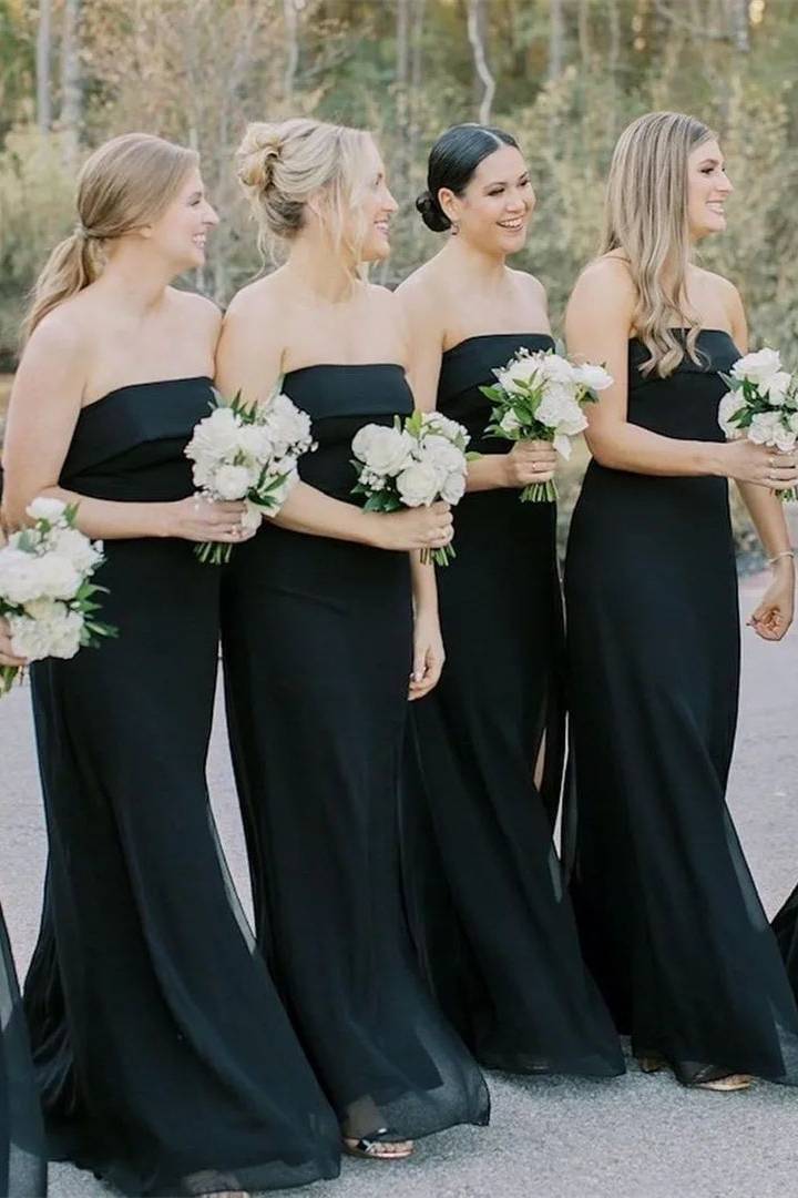 Strapless Black Chiffon Long Bridesmaid Dress with Slit/Formal Women's Dresses