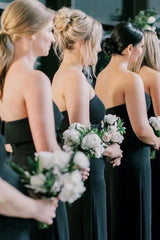 Strapless Black Chiffon Long Bridesmaid Dress with Slit/Formal Women's Dresses